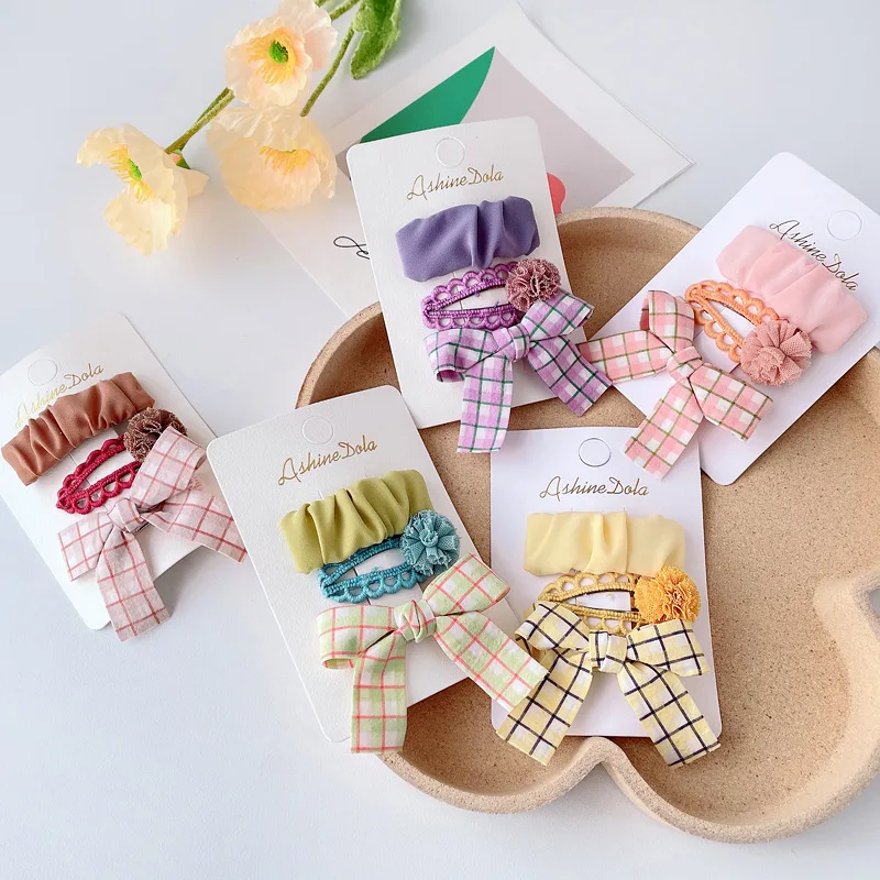 Fashion Plaid Bowknot Hair Clip Children Yarn Ball Hollow Hairpin Pleated BB Clip Baby Girl Headwear Fabric Hair Accessories Set
