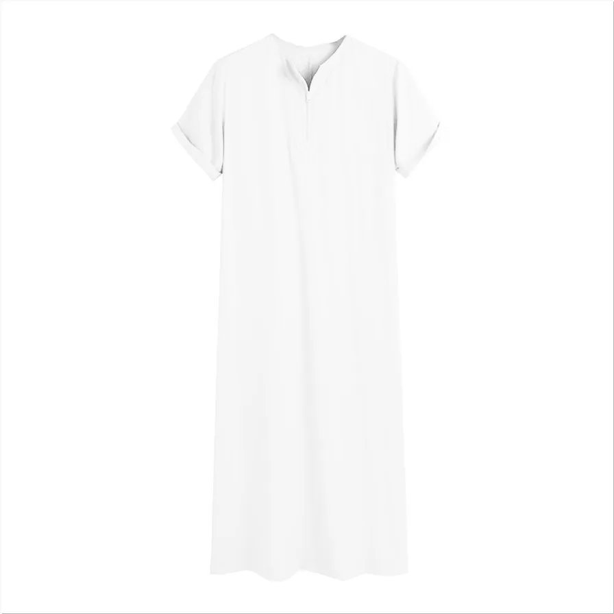 Wholesale Plus Size Half Sleeve Front Zipper Solid Color Men Muslim Abaya Robe Long Dress Arabic Thobe
