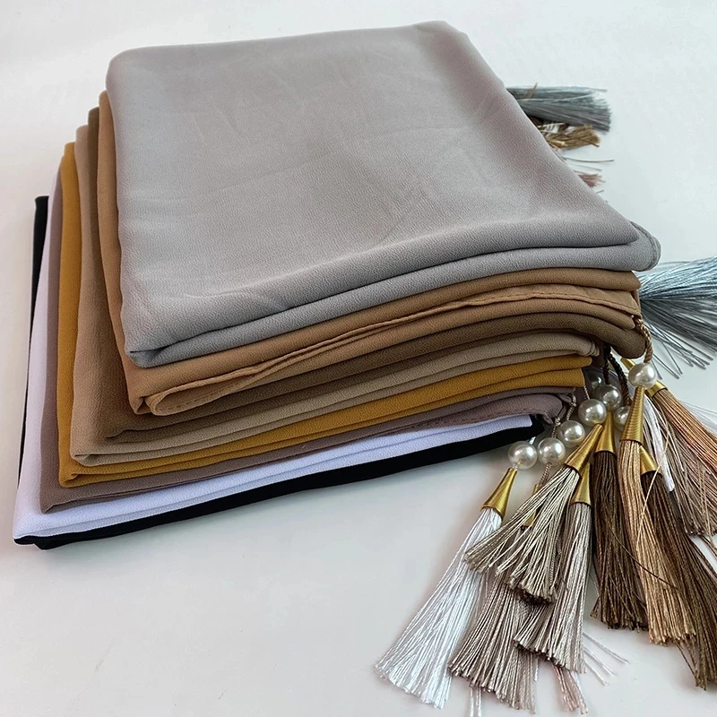 Bubble Chiffon Solid Color muslim Scarf Long Soft Wrap Shawl Scarves Beaded Pearls Hijabs Tassel Scarf HW426