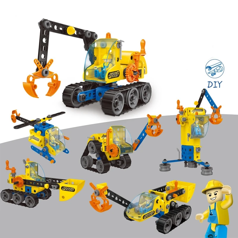 6-in-1 117PCS City Construction Truck Inertia Model DIY Building Kit Excavator Children Hand on STEM Engineering Toys for Kids