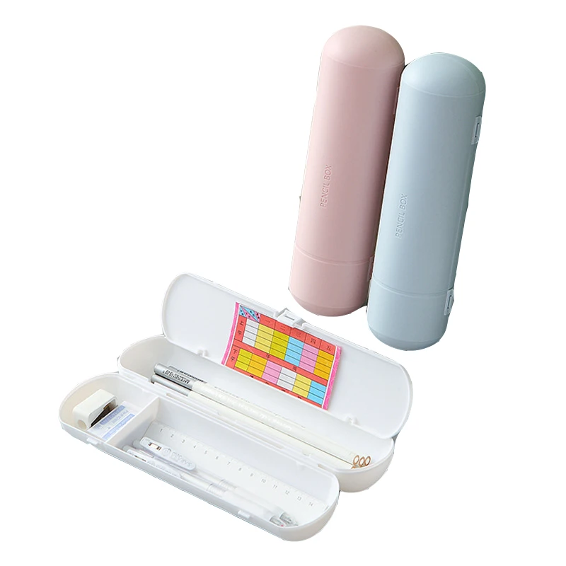 Customized Logo Solid Color Round Type Plastic Pen Box Pencil Case For School Office 