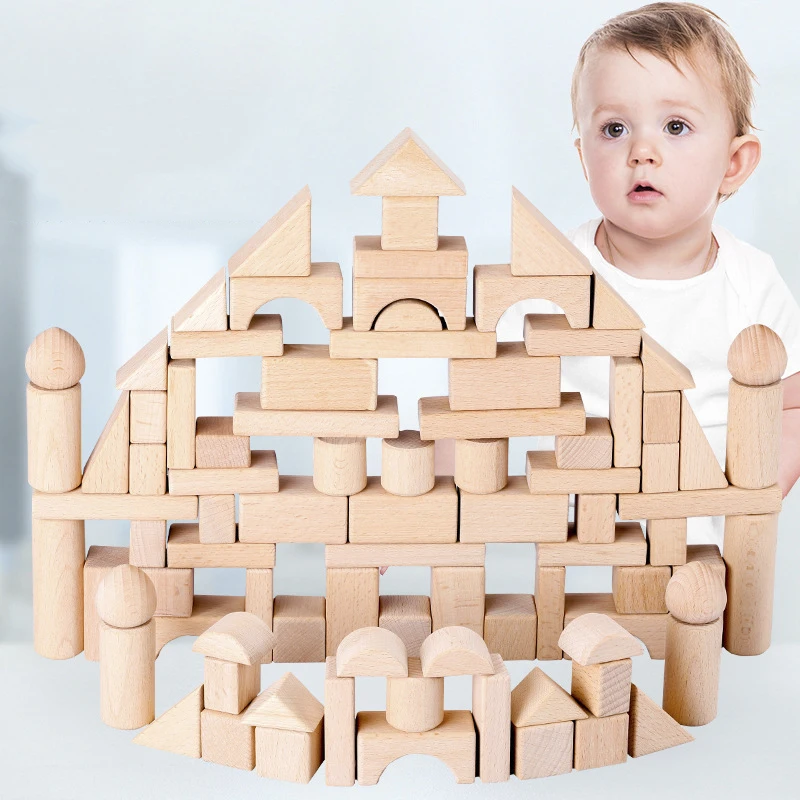 Wholesale custom 100PCS high quality kids Montessori educational Beech wooden large construction stacking building blocks