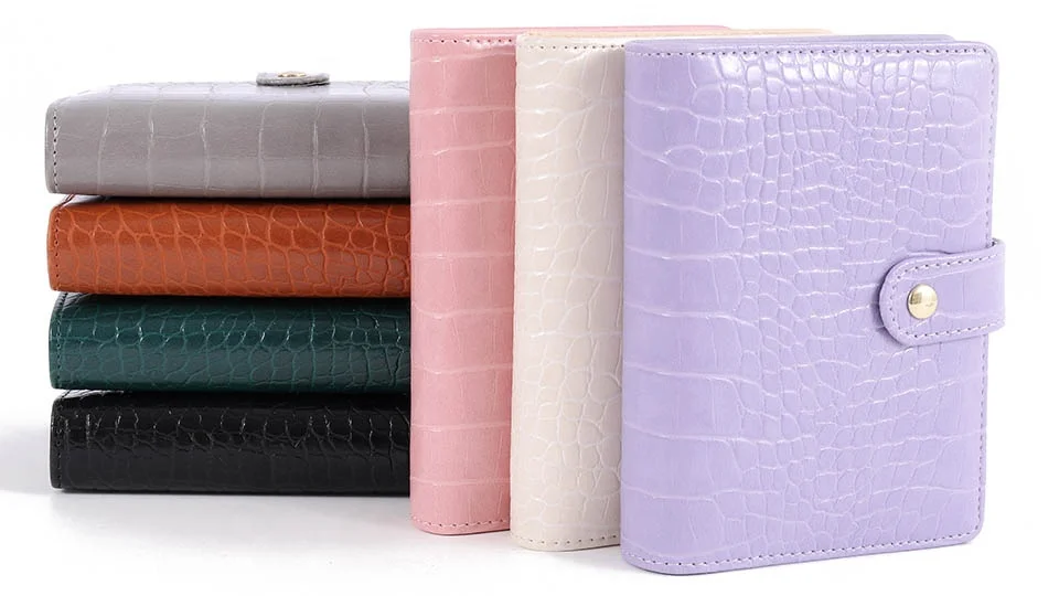 Custom Logo Available A7 Crocodile Mini Ring Cash Binder Leather Document Folder with Cash Stuffing Envelopes Budget Friendly
