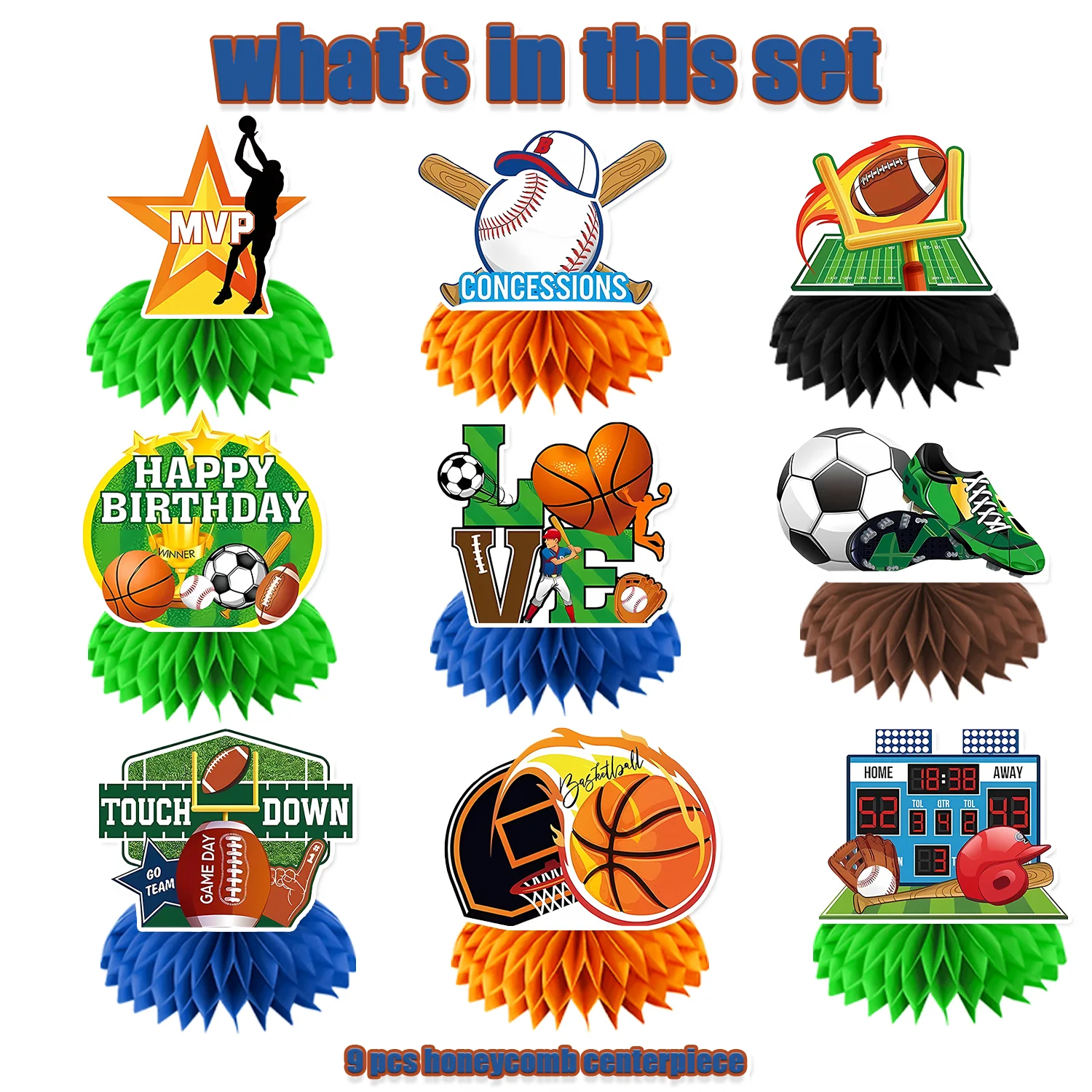 9 Pcs Sports Theme Birthday Honeycomb Centerpieces Decorations Party Supplies