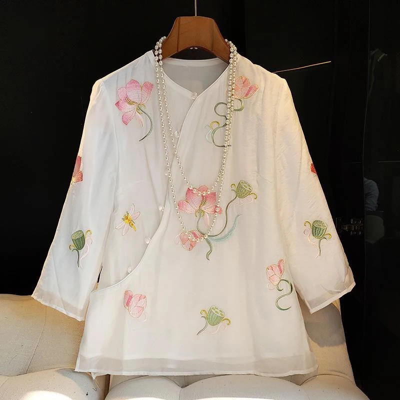 Blouses elegant women  Top  Modified Round Neck Casual Shirt White Retro Top Slant Placket Pan Button Chinese Style