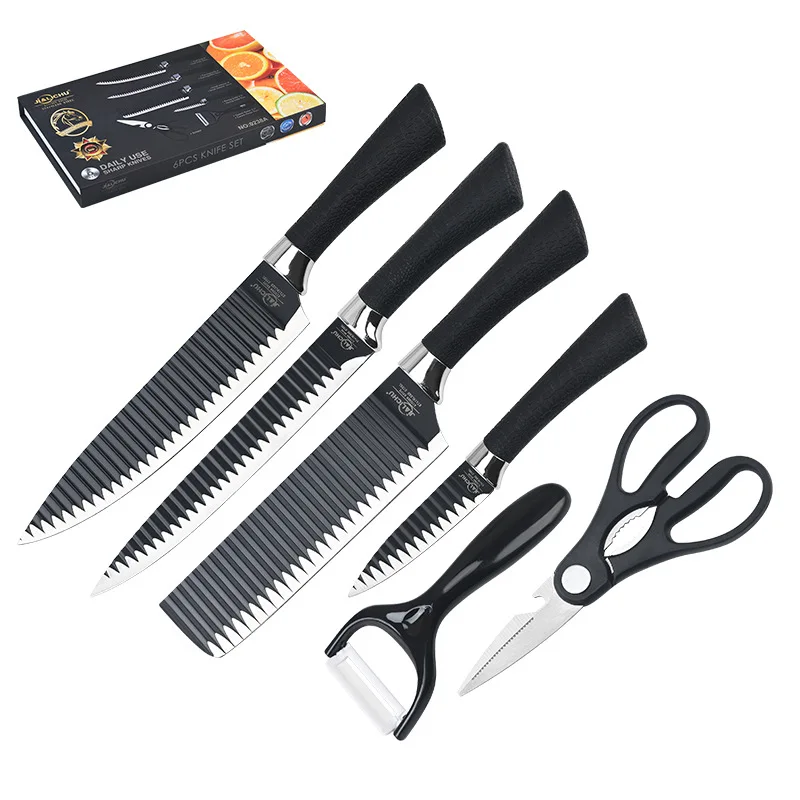 Feixiong Wholesale 6PCS Non Stick Stainless Steel Kitchen Knife Set With Scissor Coating Chef Knife Kitchen Knives