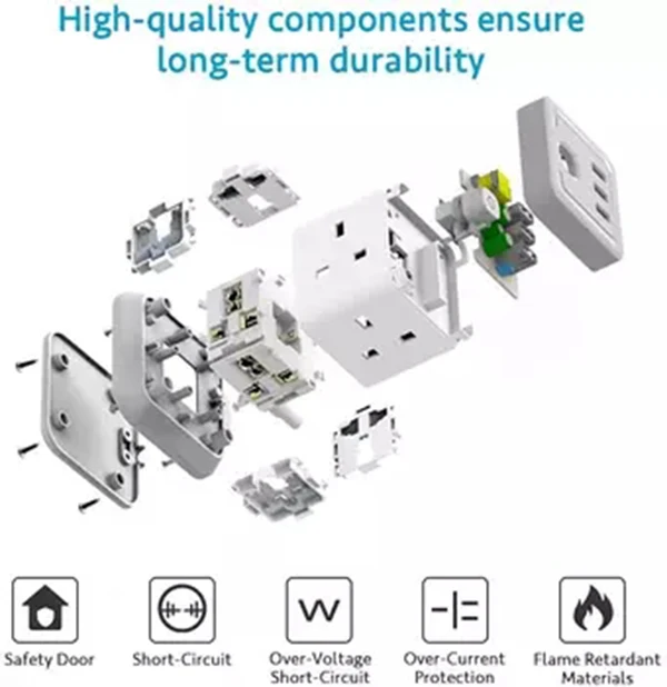 Cube Extension Lead with USB 4 Way Power Strip with 3 USB Ports (5V/2.4A) UK Power Socket with Switch 1.5M Extension Cords