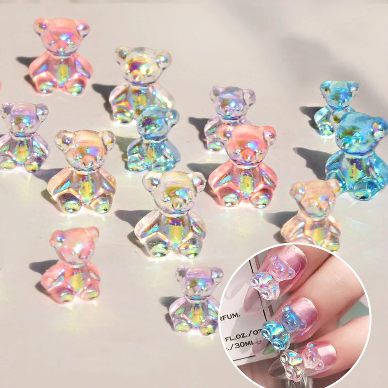 Free Shipping Candy Bear Shaped Rhinestone Aurora Nail Glitter Jelly Nail Art Charm 3D Cute Resin Bear Nail Art Decoration