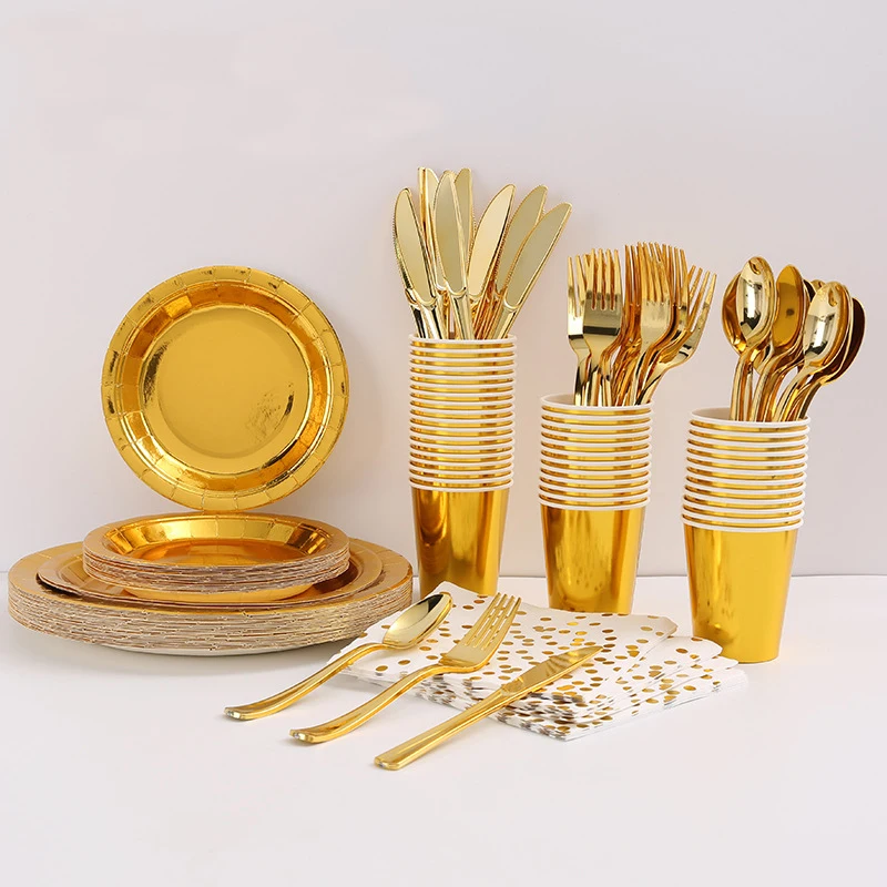 Wedding Party Happy Birthday Party Luxury Tableware set Disposable Tableware Paper Cups Paper Plates Napkins Set