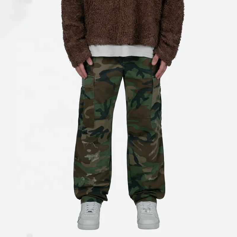 Double Knee Vintage Cargo Pants Mens Baggy Fit 100% Cotton Casual Camo Cargo Pants
