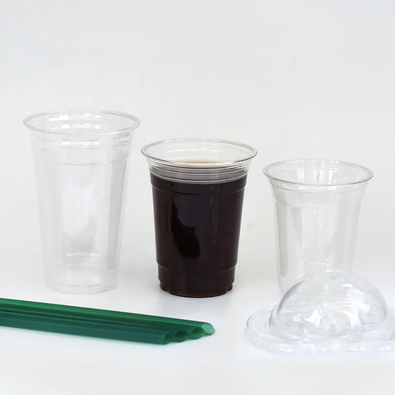 Plastic party cups 300ml 16 22 oz clear disposable plastic coffee cup hard plastic cups with straws lid
