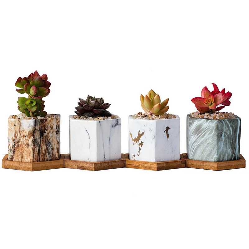 Wholesale Ceramic Wood Grain Marble Grain Succulent Flower Pot With Drainage Hole and Bamboo Saucer