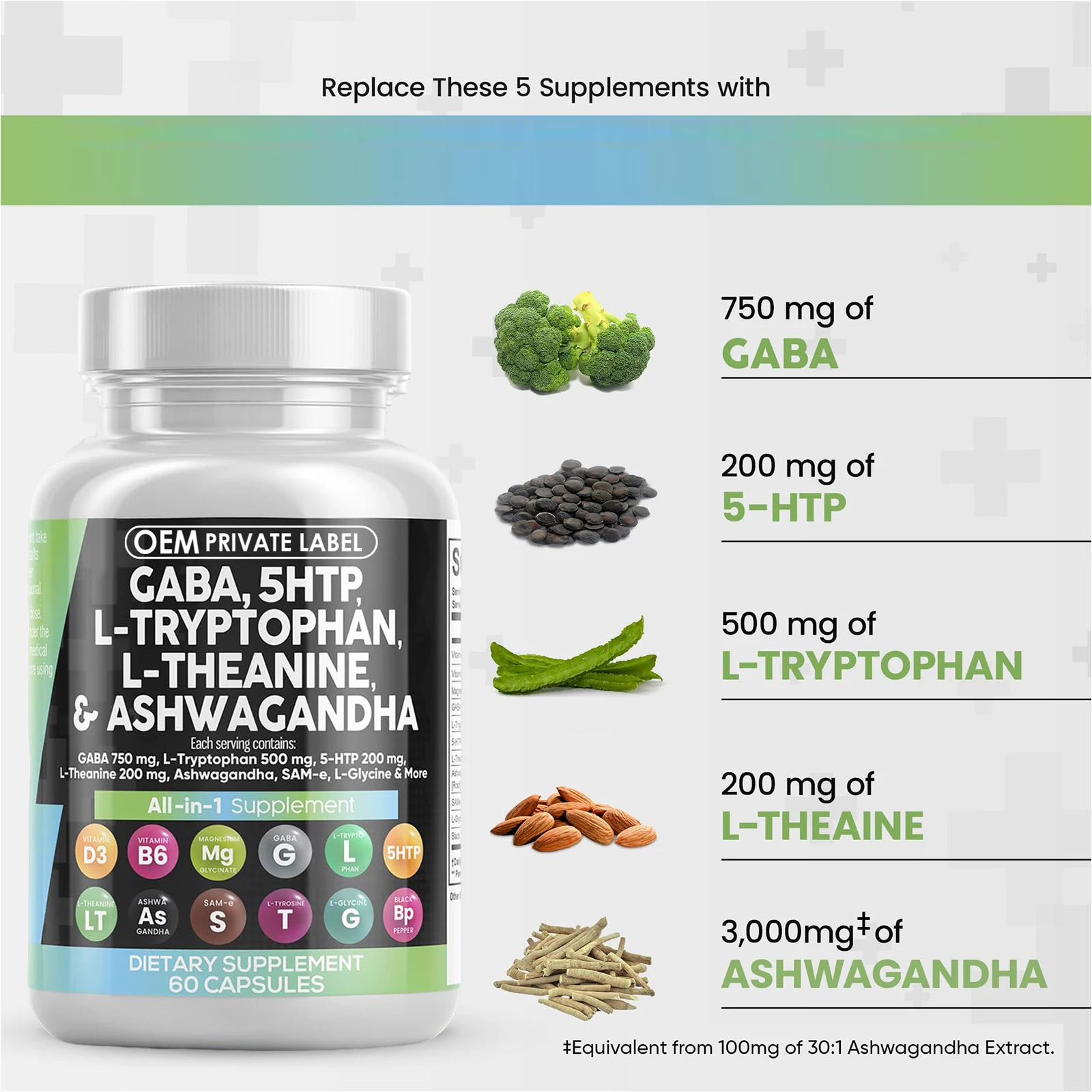 GABA Capsules 750mg 5 HTP L Tryptophan L Theanine Ashwagandha L-Glycine Mood Support Vitamins for Women and Men with L-Tyrosine