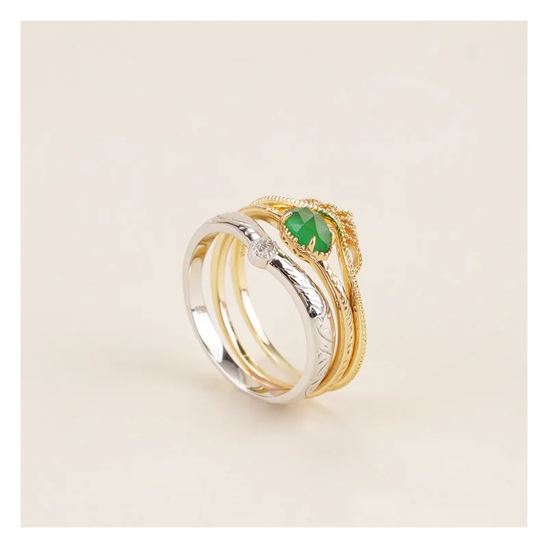 925 Sterling Silver 14K Gold Plated Gemstones Christmas Vintage Leaf Carving Natural Green Chalcedony Ring