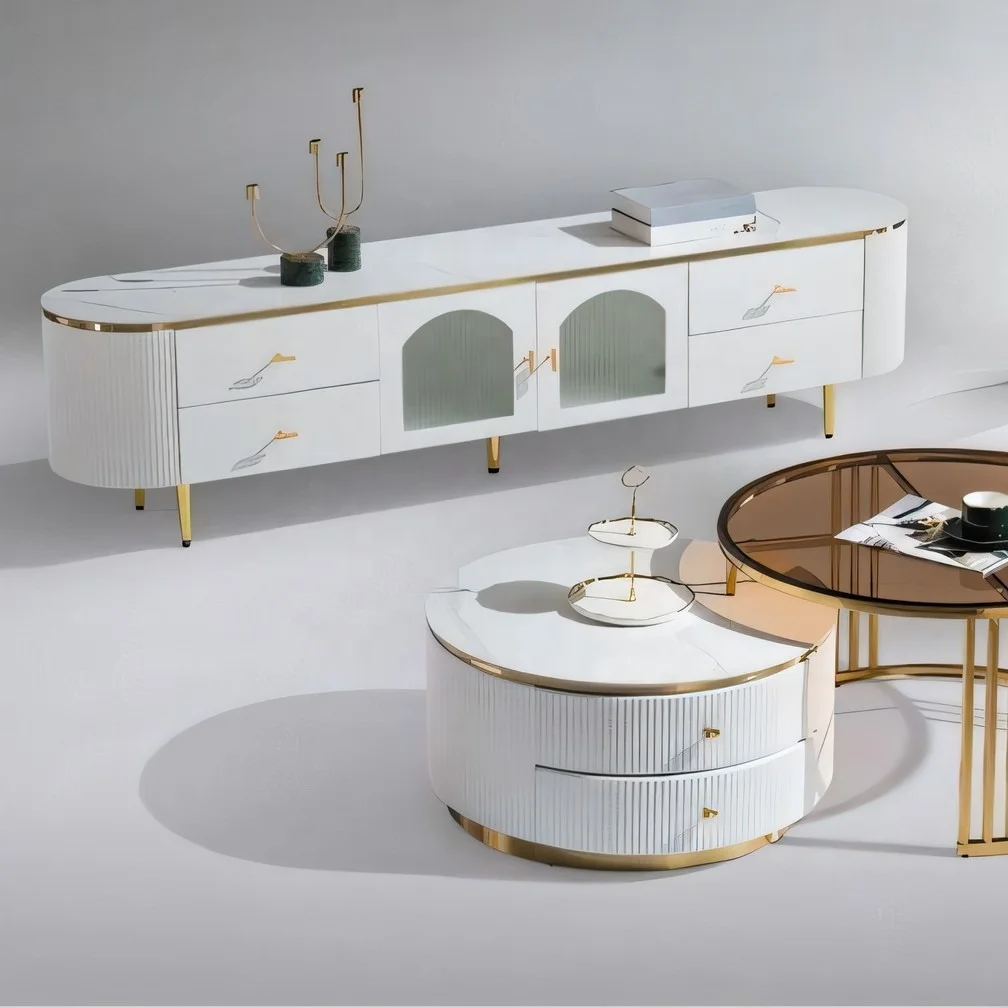 Hot Sale Luxury Modern Design TV Stand and Coffee Table Set Wood Panel Home Furniture for Living Room MDF Material