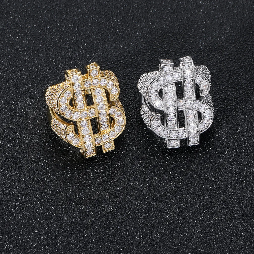 Full Diamond Dollar symbol Finger Ring for Men Iced out with Real Gold Plating Hip Hop Big Size ring jewellery