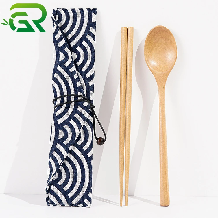 Lotus Wood Natural Spoon and Chopstick 2 Piece Set Japanese Wooden Portable Travel Tableware Set With Pouch Bag Custom Package