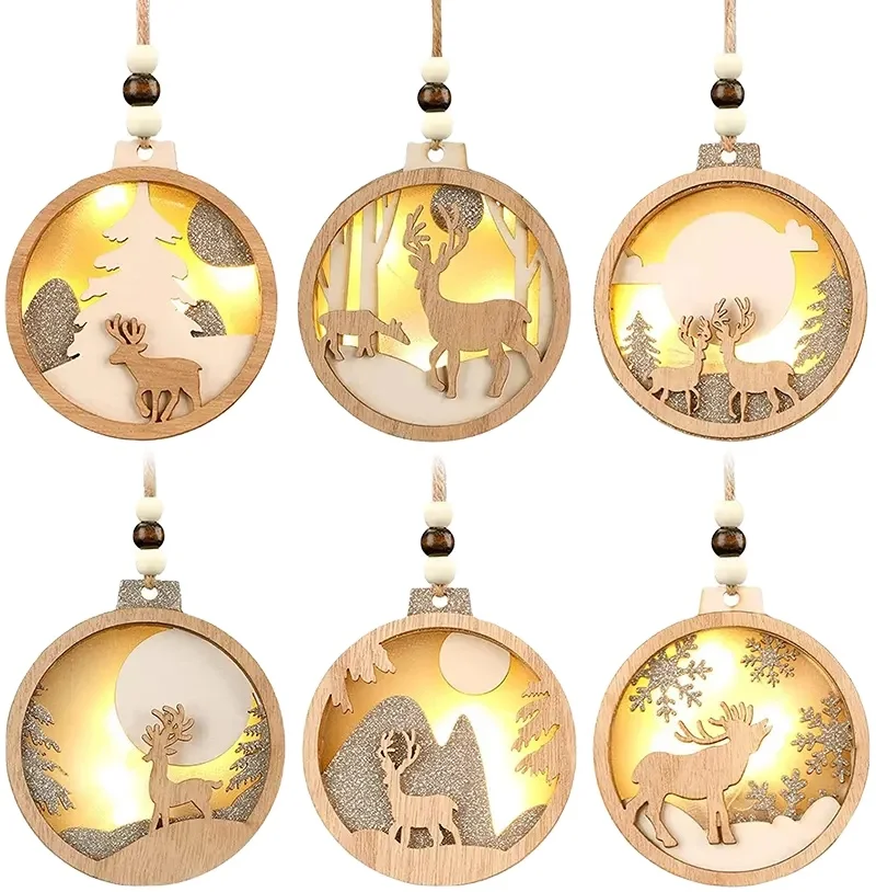 Christmas Hanging Wooden Hollow Fretwork Ornaments round UV Printed Wood Carving Gift Tags and Pendant Circle Laser Cutting