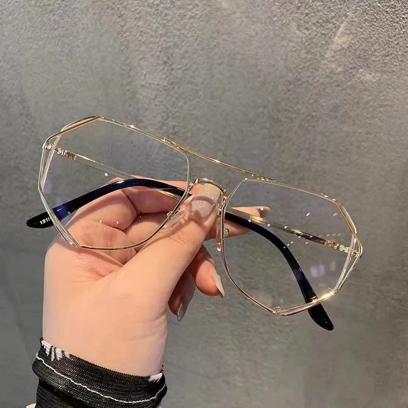 2024 New Double Bridge Vintage Gold Metal Eyeglasses Frames Fashion Irregular Optical Frame Computer Blue Light Blocking Glasses