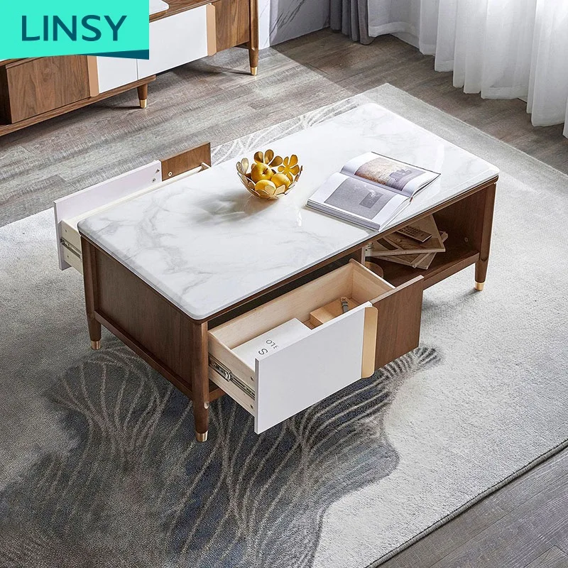 Linsy Antique Style Rustic Wood Marble Top Coffee Table Rectangle Square Tea Table  Ls173L1