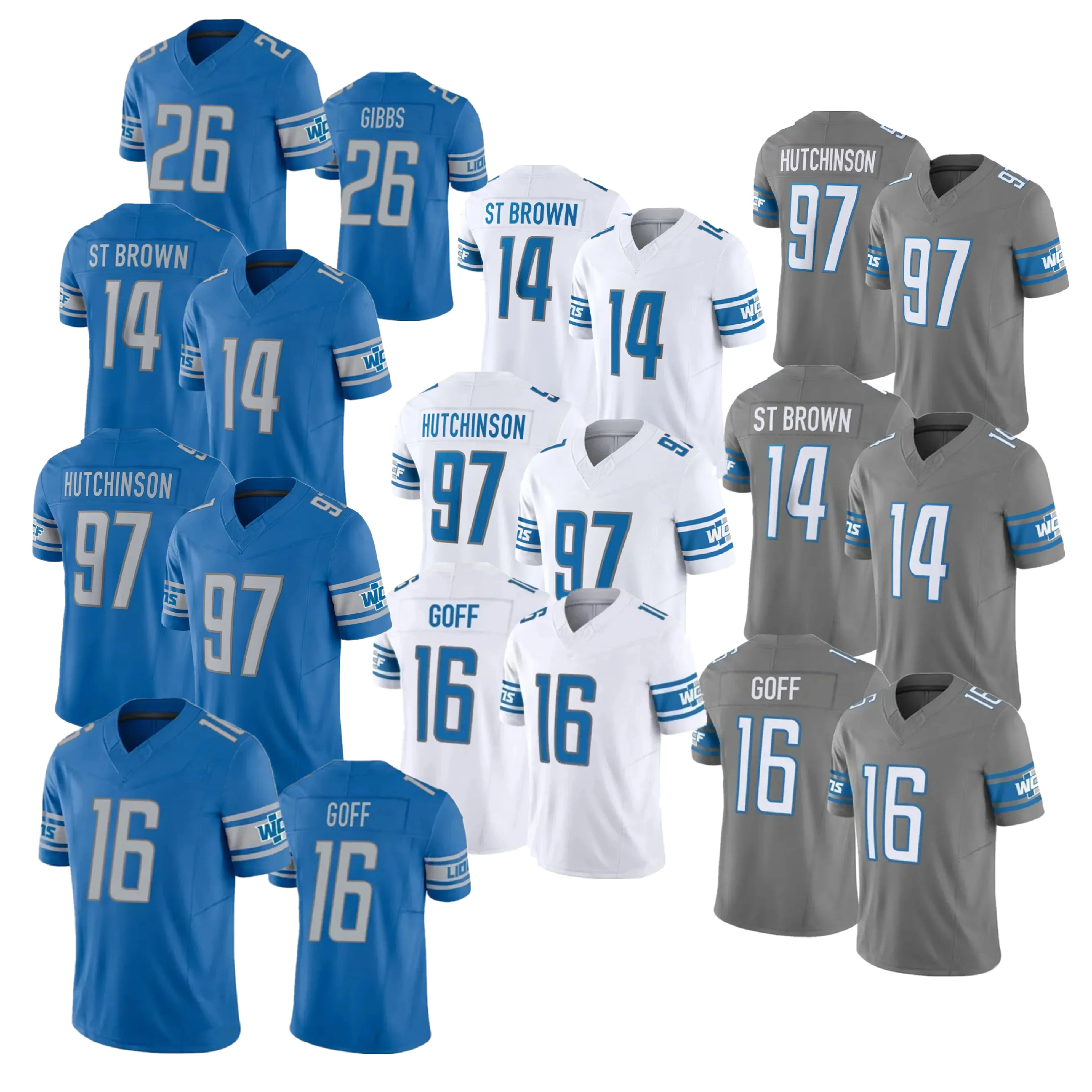 2024 футбольные майки 97 Aidan Hutchinson 14 St.Brown 16 Jared Goff 26 Gibbs 87 Sam LaPorta сшитый предохранитель ограниченная майка