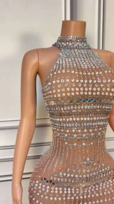 Trending Product Off The Shoulder Crystal Performance Wear High Neck Sheer Mesh See Through Sexy Long Stage Dress