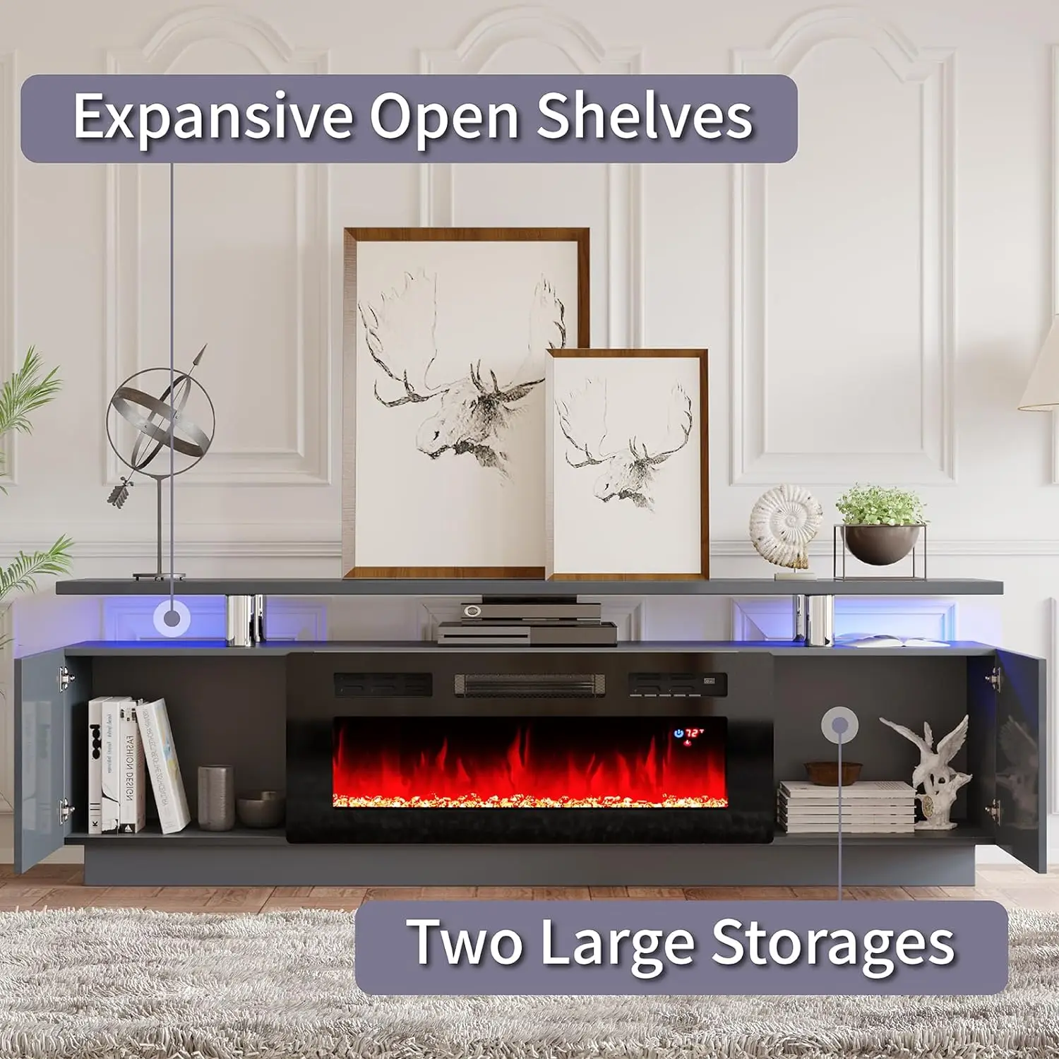 High Gloss Living Room Adjustable LED Lights 2 Tier Tv Cabinet Electric Fireplace Tv Stand