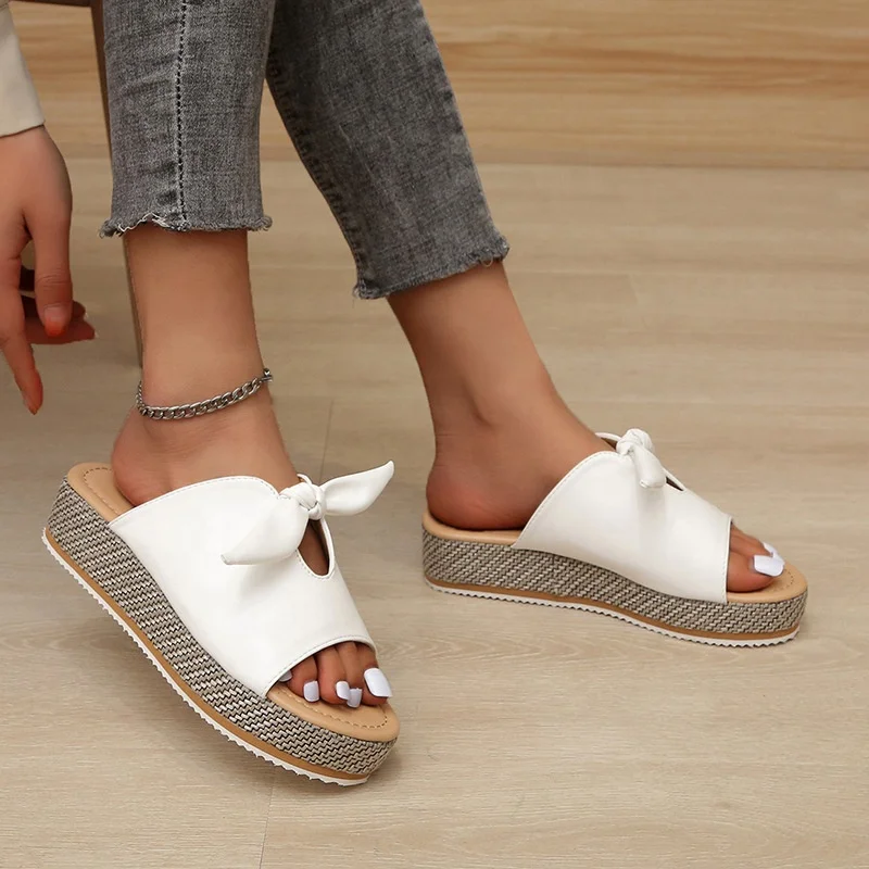 XLL 2022  Summer fashion 4cm wedges slippers platform high heel bow sandals fish mouth shoes flat slippers for women