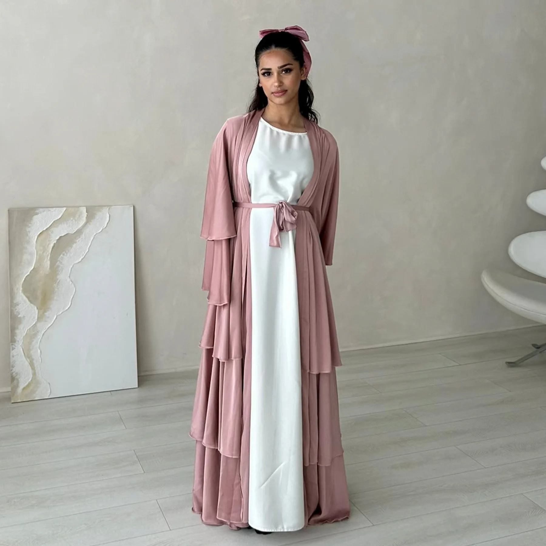 2024 Islamic Clothing Eid Dubai Elegant Modest Abaya Women Muslim Dress 3 Layers High Quality Satin Silk Open Abaya