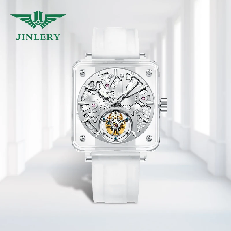 JINLERY mechanical watches 2022 automatic winding transparent case automatic tourbillon mechanical watch men