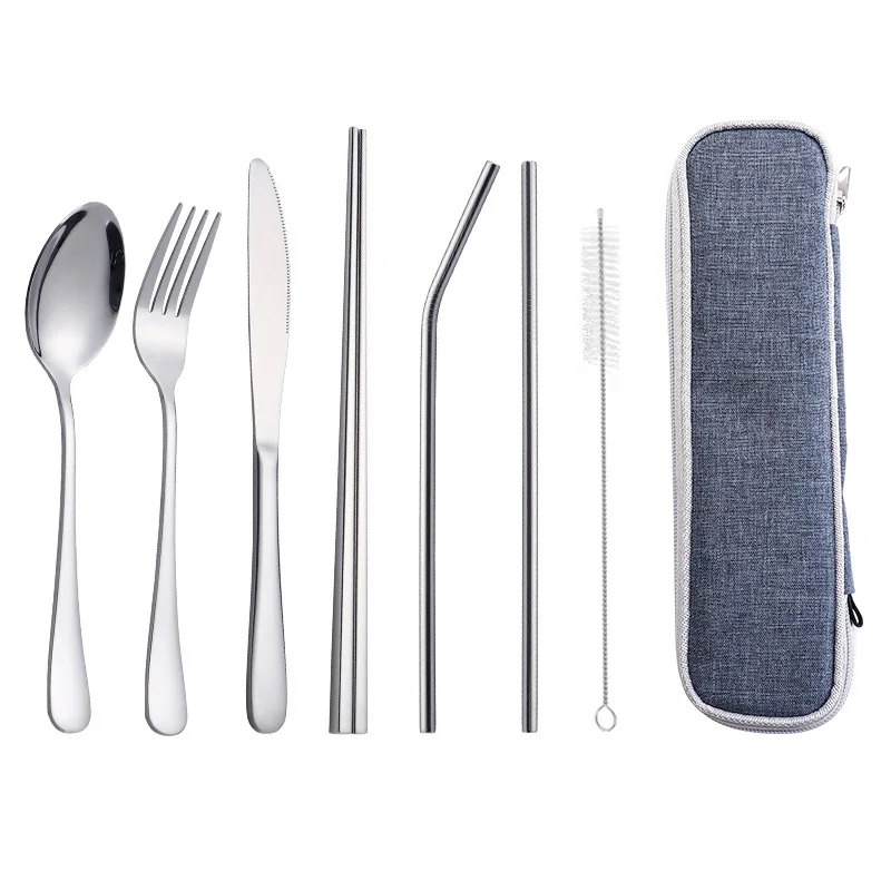 Portable Stainless Steel Flatware Cutlery Set With Straw Travel Knife Fork Spoon