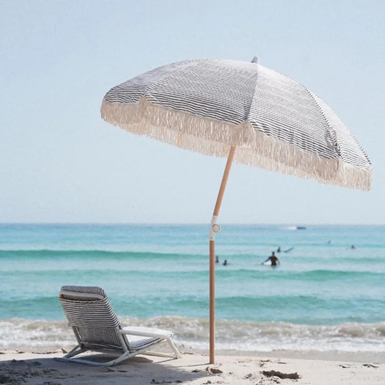 Wholesales Cheap Price Hot Selling 180cm Tassel Real Wooden Pole Custom Print Outdoor Beach Umbrella