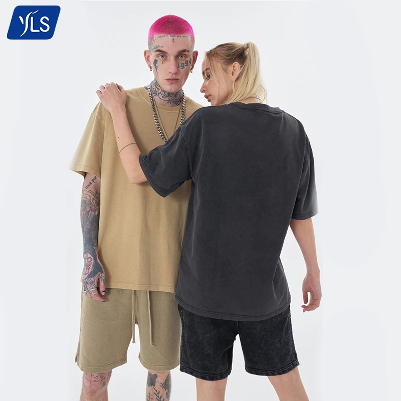 YLS Streetwear Unisex Vintage 250gsm Cotton Acid Washed Blank T Shirt Oversized Tshirts With Logo Custom Reflective Logo Printed
