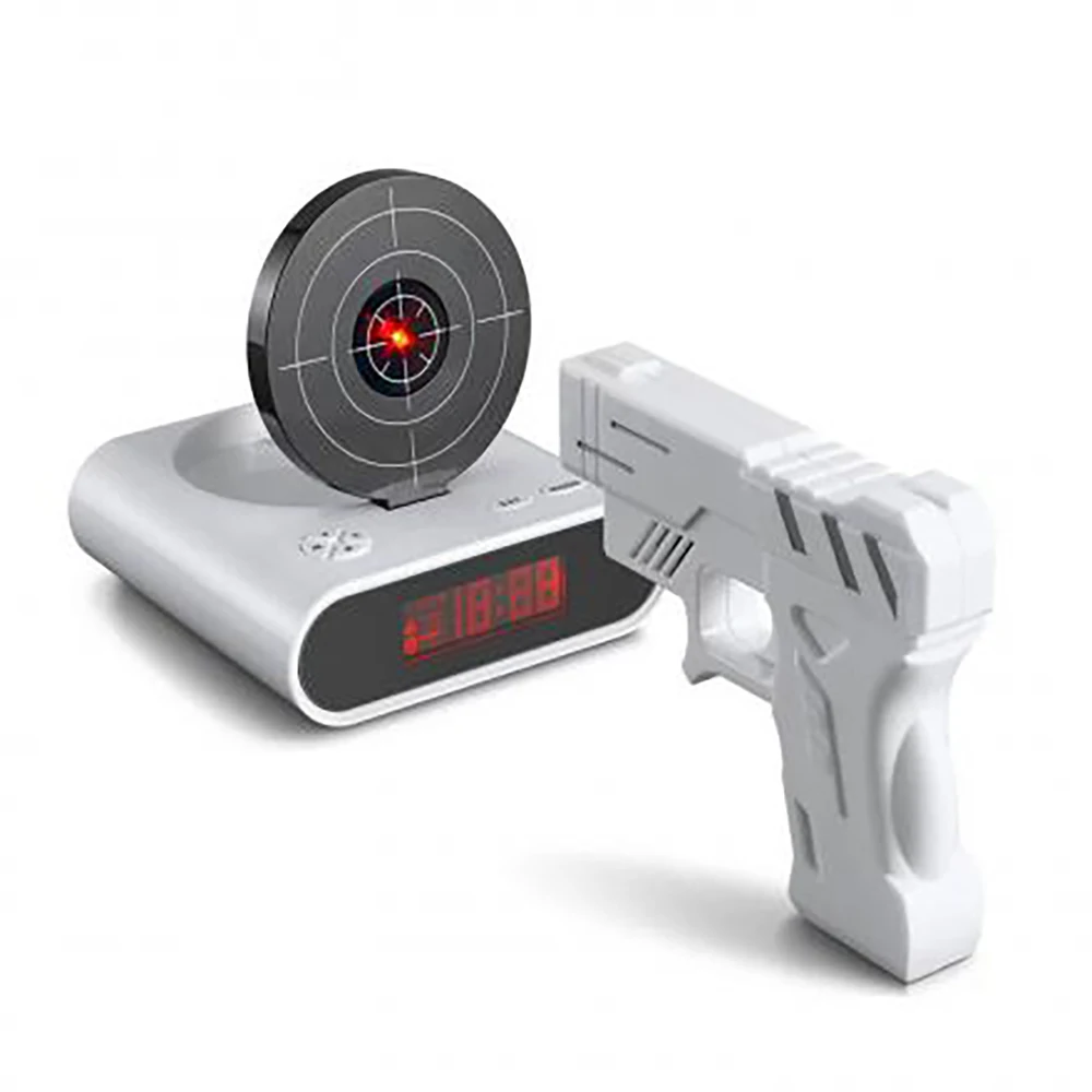 News 2021 Electronic Desk Clock Digital Gun Alarm Clock Gadget Target Laser Shooting Children Alarm Clock Watch Awakening