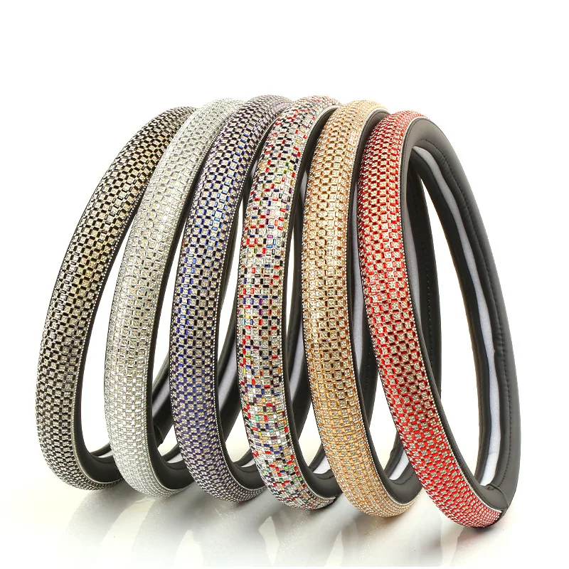 luxury glitter shining universal fit 15 inch leather diamond steering wheel cover diamond with rhinestones for car