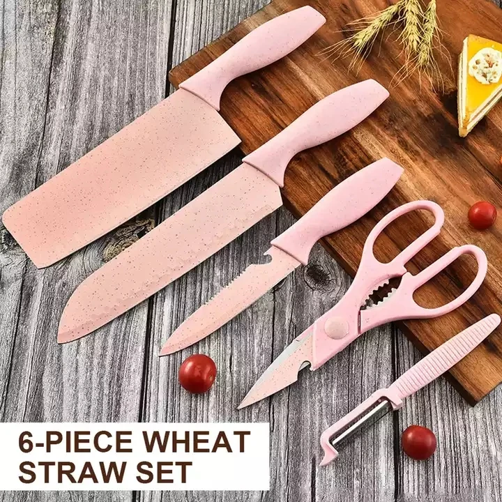 WONDERFUL 6pcs Non-Stick Coating Multi Colourful Chef Kitchen Knife Set Kitchen Meat Cleaver With Wheat Straw Handle