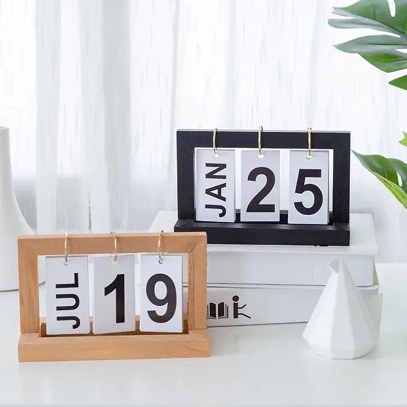 Vintage Wood Block Perpetual Calendar Month Week Date Blocks Home Desk Elegant Christmas Decoration Gift Model Clock Hanger Box