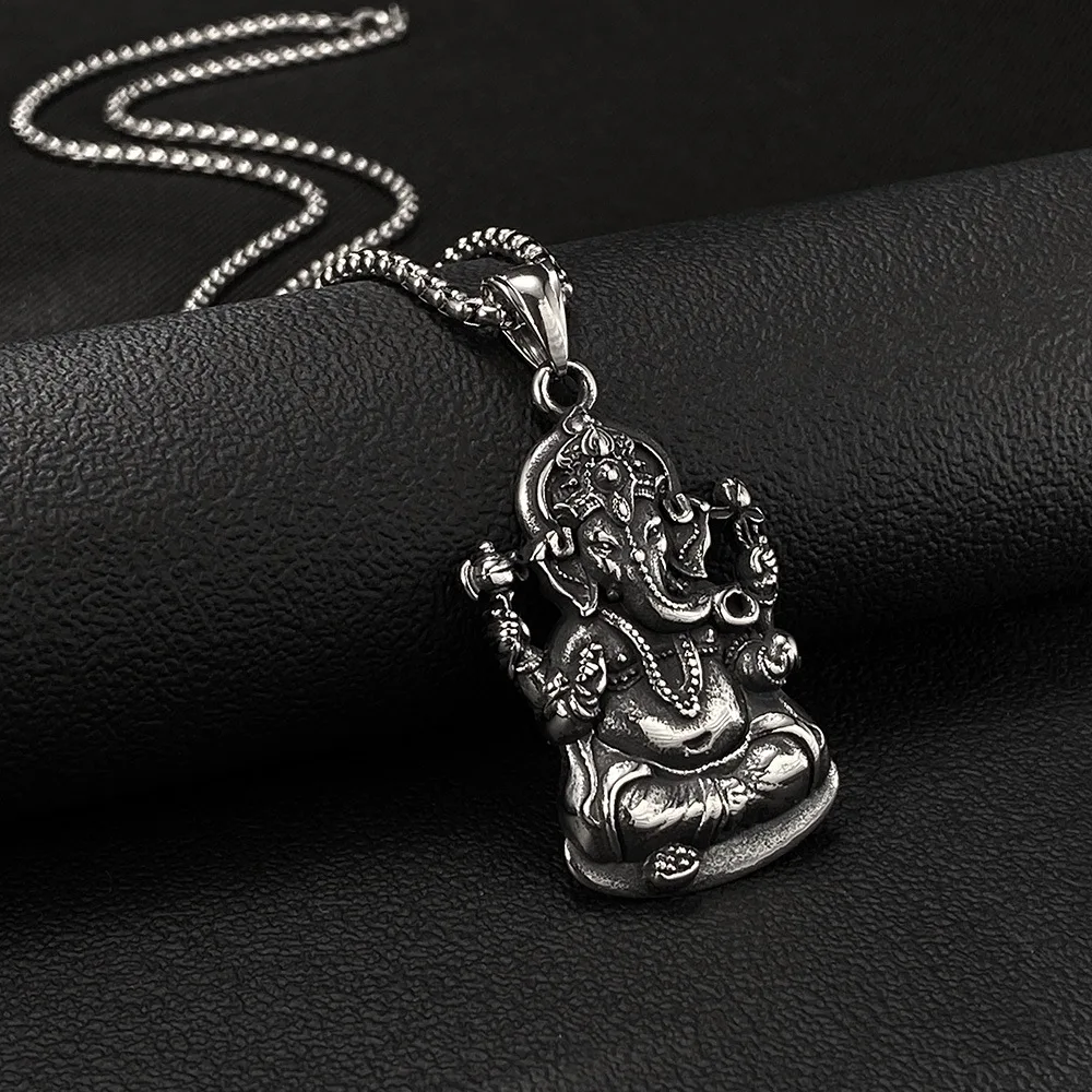 Vintage Stainless Steel Ganesha Necklace Hiphop Indian Buddha Necklaces for Women Couple Jewelry