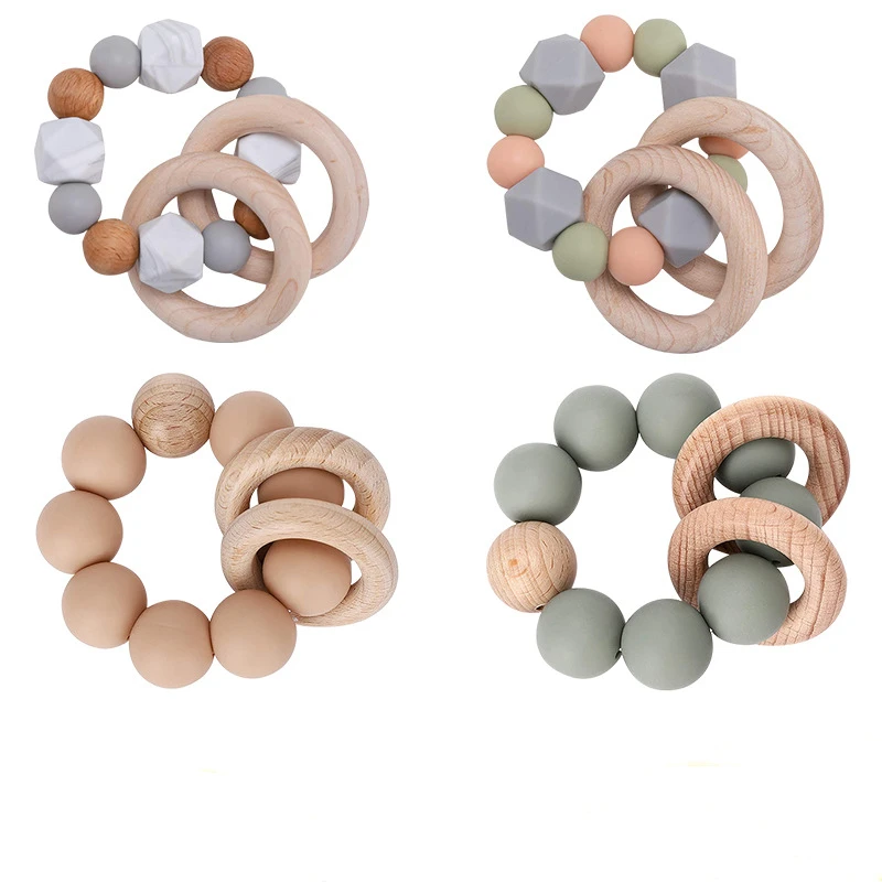 Baby Nursing Bracelets Food Grade Silicone Teether Teething Wood Rattles Toys Baby Teether Bracelets Nursing Toys Gift