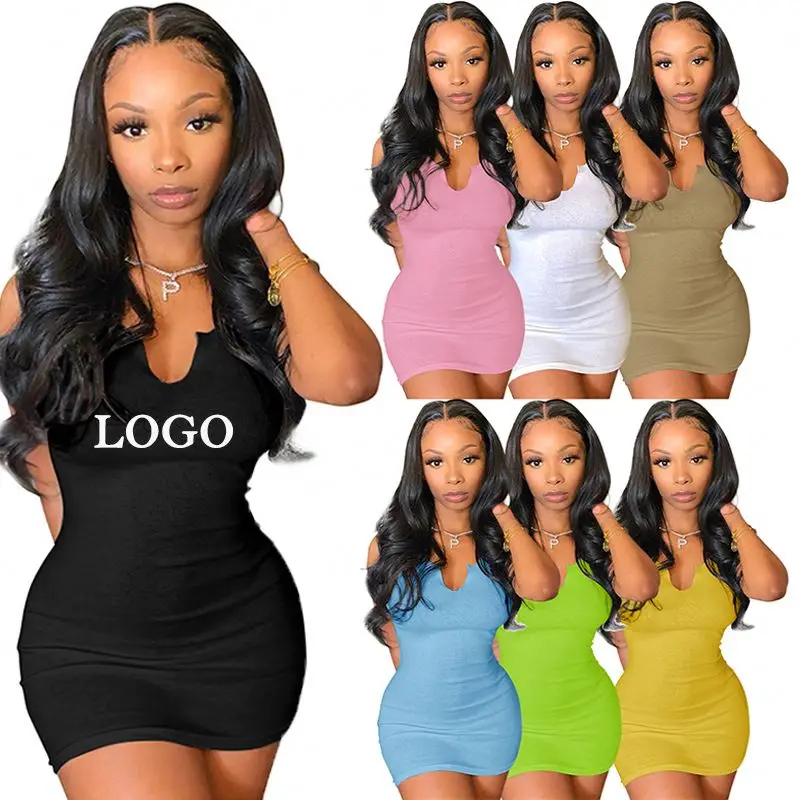 Модные сексуальные повседневные женские платья с глубоким V-образным вырезом и логотипом на заказ, женская летняя футболка большого размера без рукавов, платье, одежда
