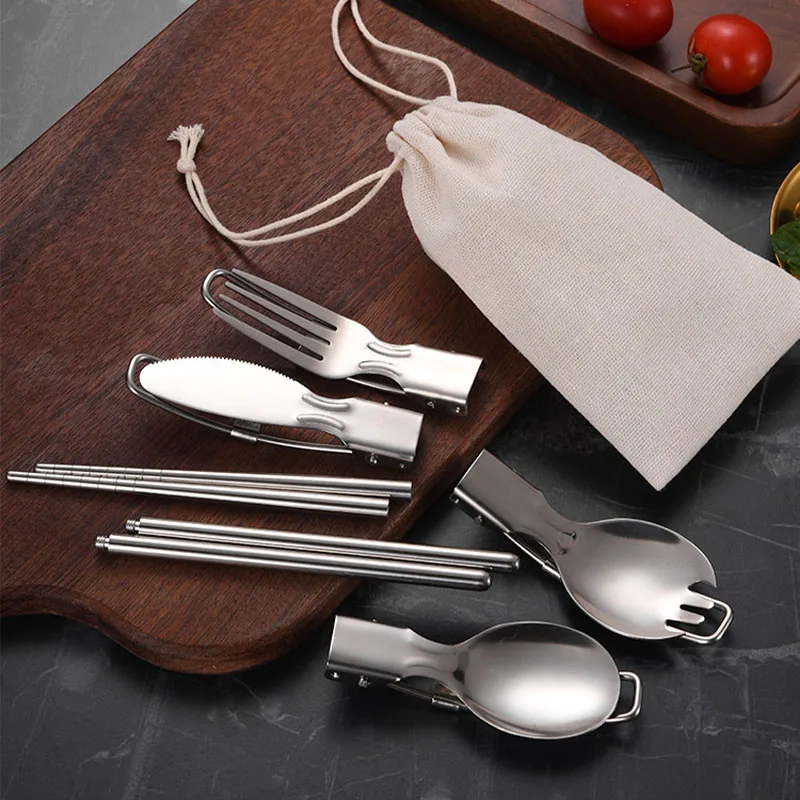 5 Pcs Set Folding Spoon Noodle Fork Chopsticks Portable Cutlery Multipurpose 304 Stainless Steel Outside Camping Tableware Sets