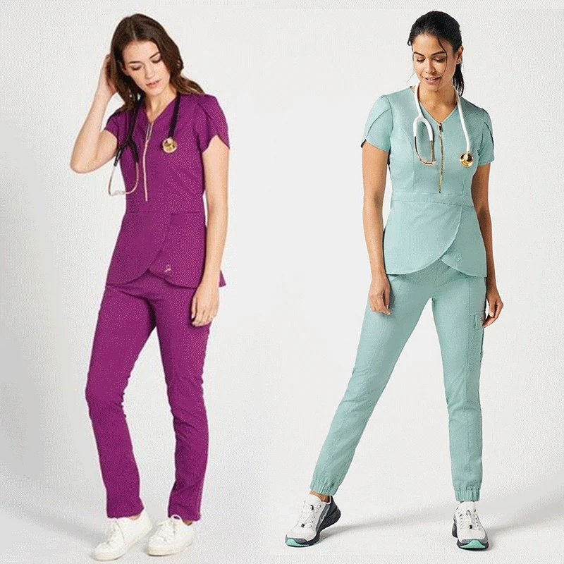 2021 fuyi Wholesale Top Quality Nurse Uniform Medical Scrub Spandex Stretch Fashionable Uniformes Medico Scrubs Uniforms
