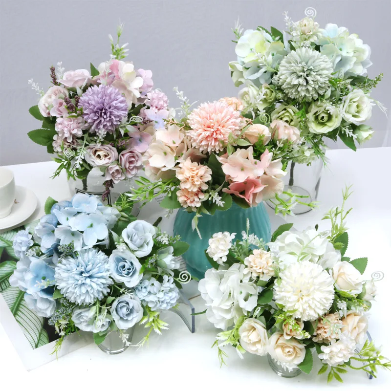 INS style artificial flower mix ball chrysanthemum hydrangea peony rose bouquet for wedding bridal flowers decoration props