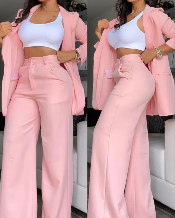 Women Solid Color Suit Set with Split Sleeve Detail Lapel Collar Straight Leg Trousers Design Jacket Wide Leg Pants Two Pieces