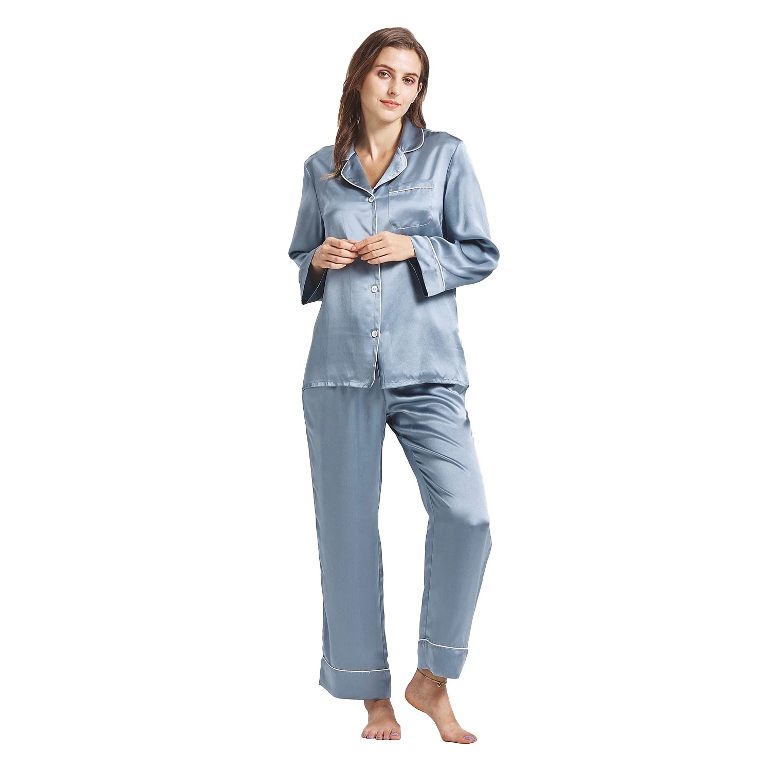 Manufacturer custom 22 Momme 100% Grade 6A Mulberry Silk pyjama set oeko-tex luxury Misty Blue long silk pajamas silk sleep wear