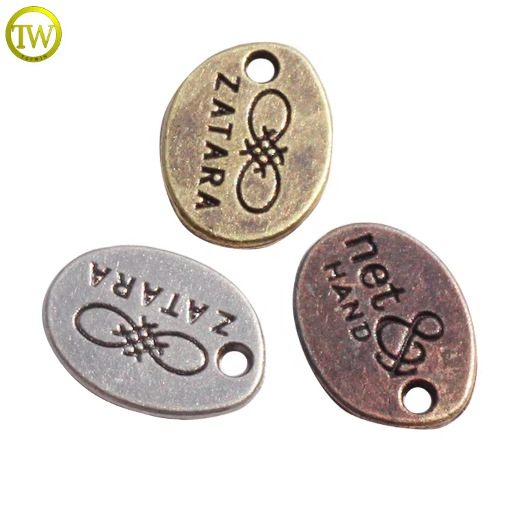 Oval shape engraved logo charms custom silver metal jewelry brand tags for bracelets
