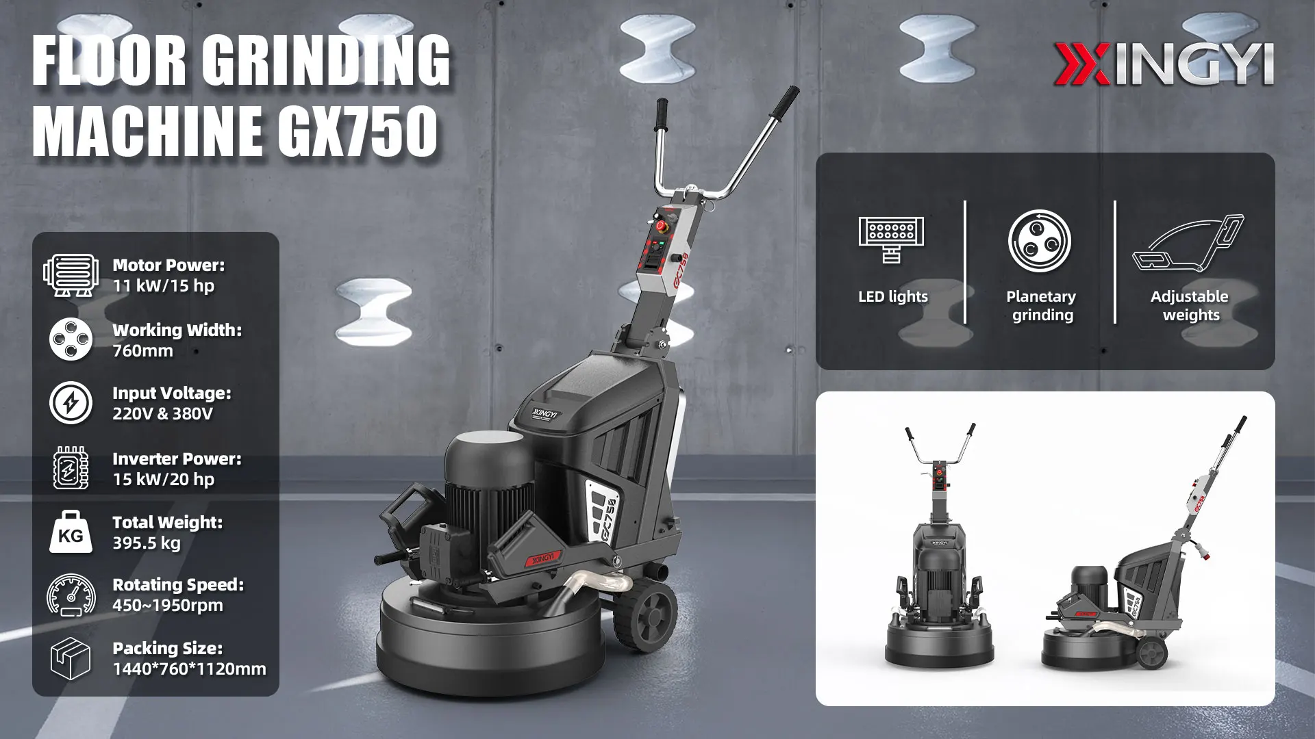 GX750 Heavy Duty Large Electric 3 Head Planetary 11KW 220V 380V 30 Inch Epoxy Concrete Grinder Floor Grinding Machine
