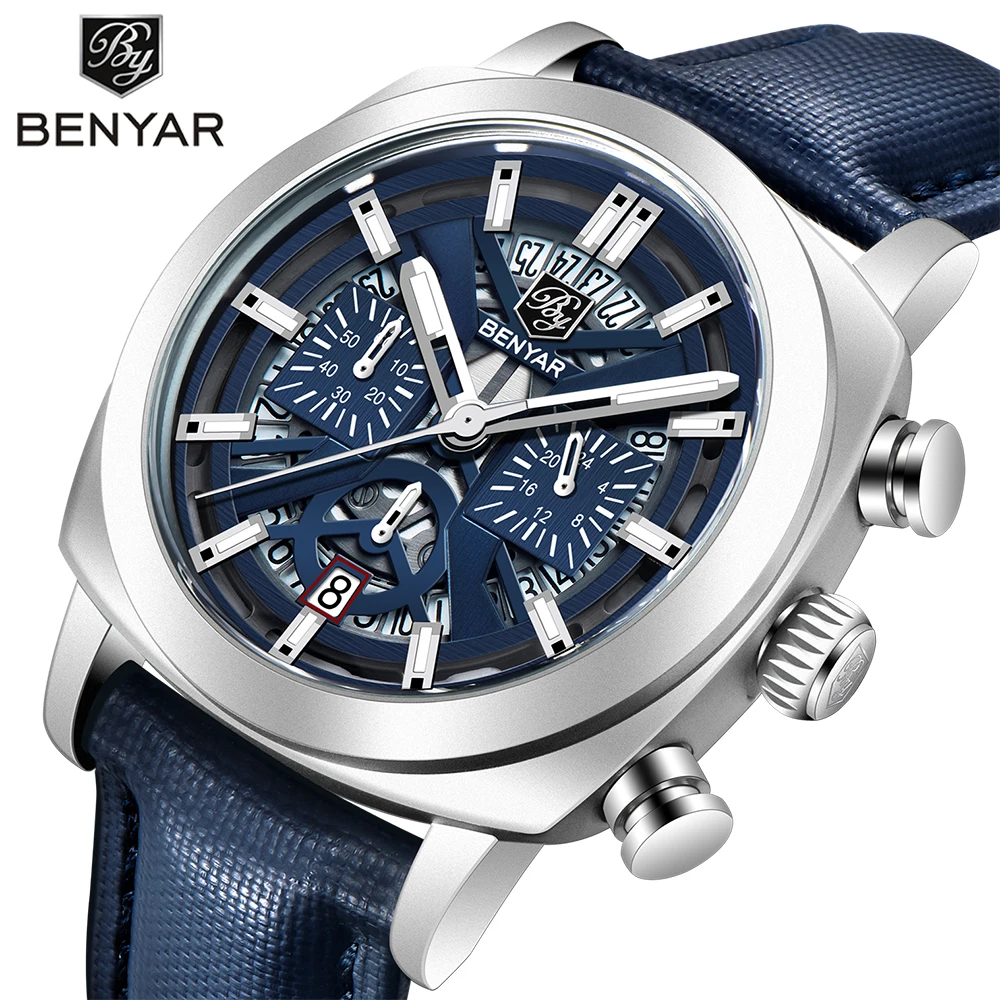 Benyar Luxury Chinese Luminous Chronograph Watch 5205 PC Case Alloy Leather Strap Buckle Clasp High Quality Quartz New Design