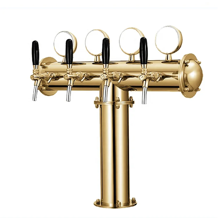 Stainless Steel  4 Tap Slot T Type Dispensing Beer Tower with Medallion LED Power Pre Installed-Golden color