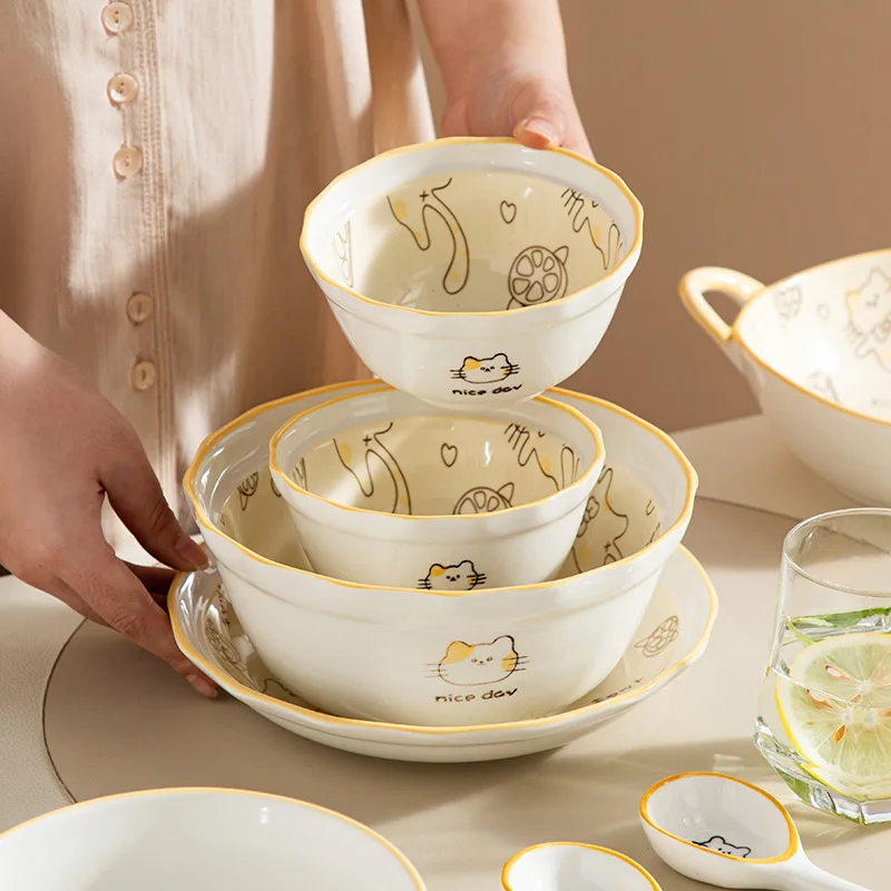 Net Red Creative Ceramic Tableware Cute Lemon Cat Design under Glazed Household Dishes Wholesale for Food Use